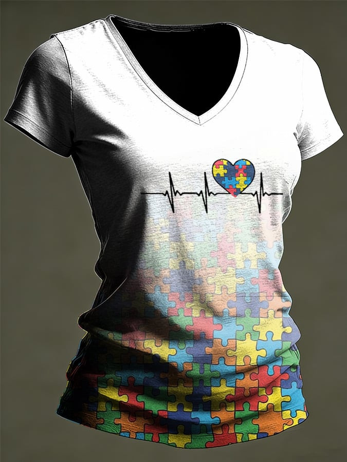 Autism Awareness Heart Puzzle V-Neck Shirt Neurodiversity Pride Clothing Gift For Autism Mom