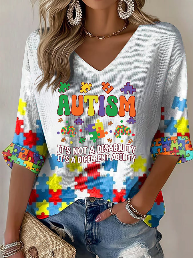 Autism Awareness Puzzle V-Neck Long Sleeve Shirt Colorful Puzzle Shirt Gift For Autism Mom