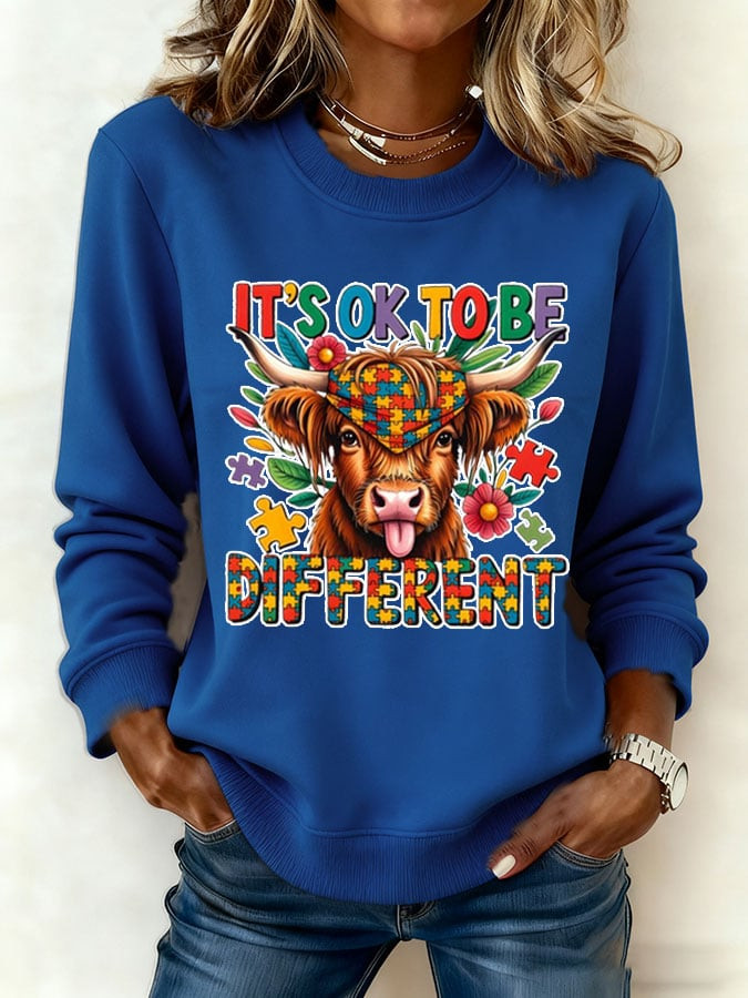 Autism Awareness Sweatshirt It's Ok To Be Different Clothing Highland Cow Lover Gift