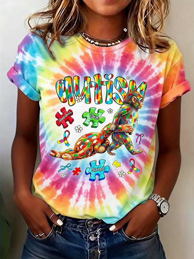 Autism Awareness Tie Dye T-Shirt Puzzle Piece Love Accept Clothing Gift For Autism