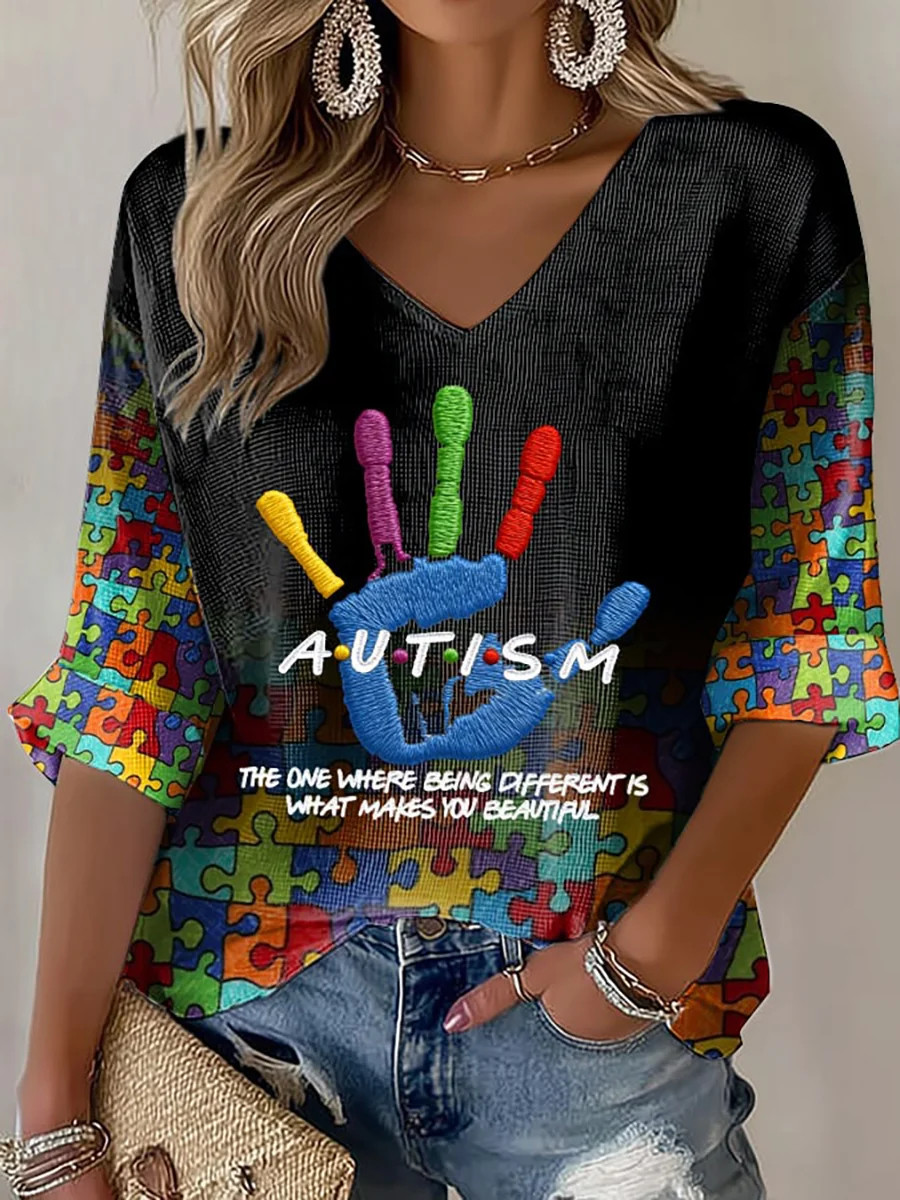 Autism Awareness V-Neck Long Sleeve Shirt Being Different Makes You Beautiful Merch Gift Ideas