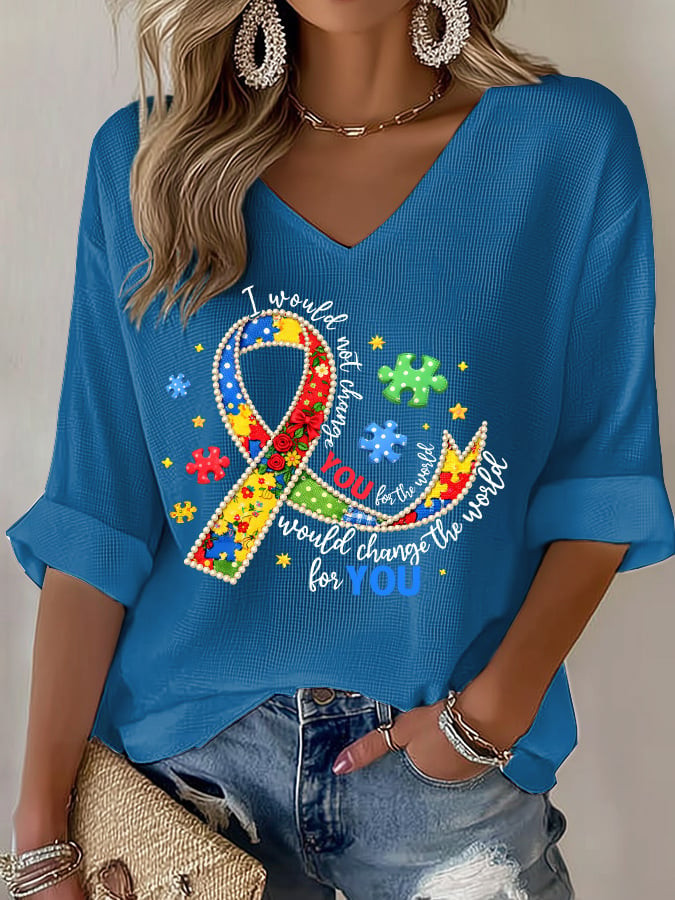 Autism Awareness V-Neck Long Sleeve Shirt I Would Not Change You For The World Merch Gift Ideas