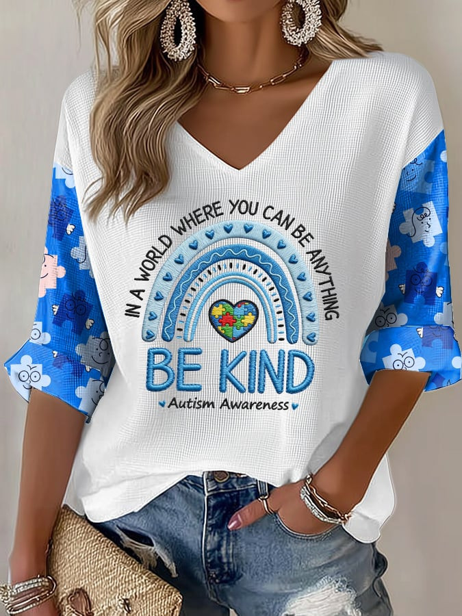 Autism Awareness V-Neck Long Sleeve Shirt In A World Where You Can Be Anything Gift Ideas