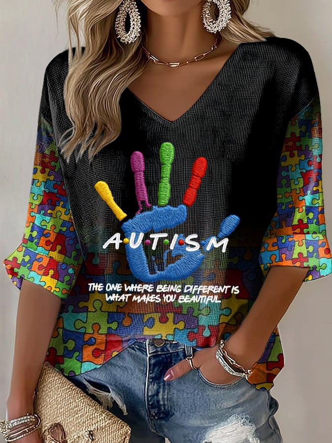 Autism Awareness V-Neck Long Sleeve Shirt The One Where Being Different Clothing Gift For Her