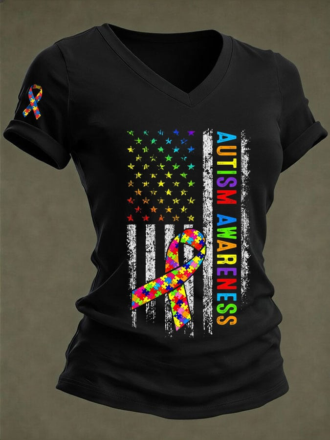 Autism Awareness V-Neck Shirt American Flag Puzzle Piece Ribbon Clothing Autism Mom Gift