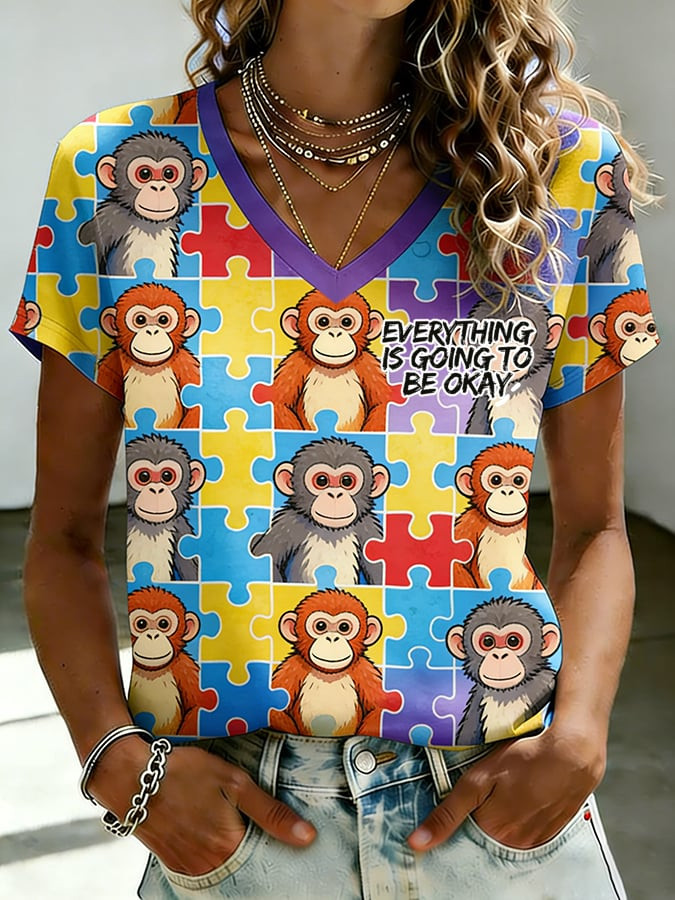 Autism Awareness V-Neck Shirt Everything Is Going To Be Okay Monkey Puzzle Clothing Gift Ideas