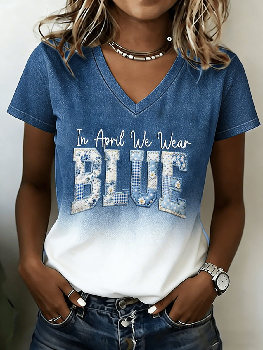 Autism Awareness V-Neck Shirt In April We Wear Clothing Gift For Supporters