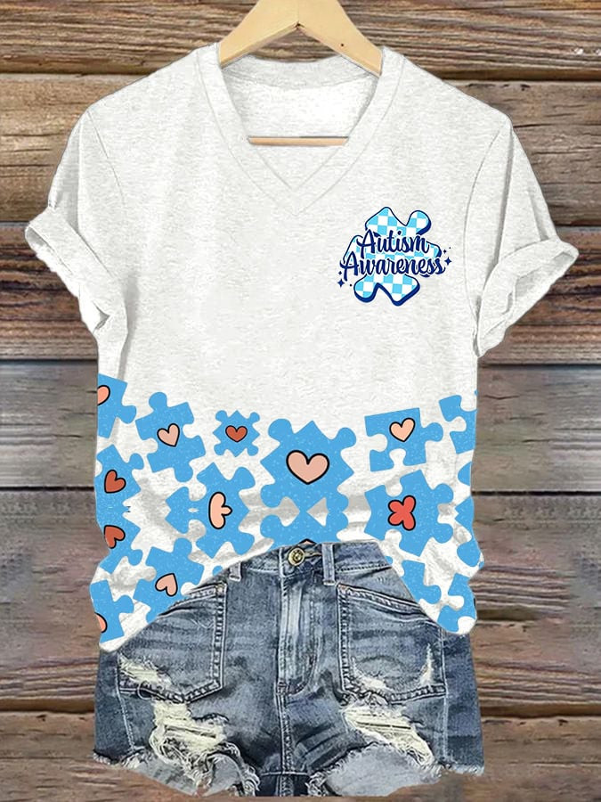 Autism Awareness V-Neck Shirt Love Support Autism Puzzle Pieces Clothing Gift
