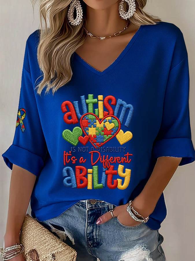 Autism Is Not A Disability V-Neck Long Sleeve Shirt Autism Awareness Merch Gift Ideas