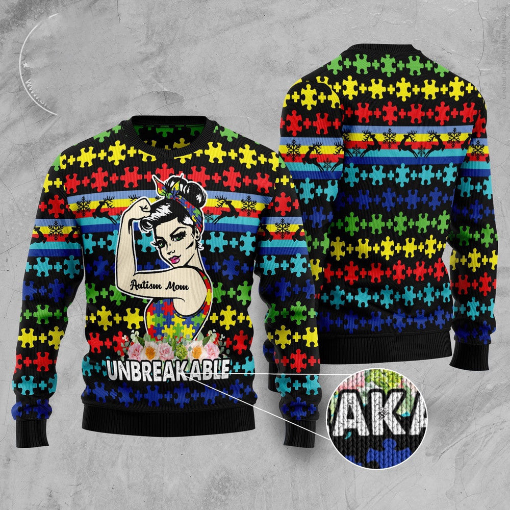 Autism Mom Unbreakable Ugly Christmas Sweater Funny Ugly Christmas Sweater Holiday Gifts