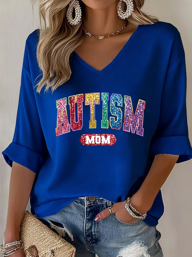 Autism Mom V-Neck Long Sleeve Shirt Love Support Autism Clothing Gift Ideas