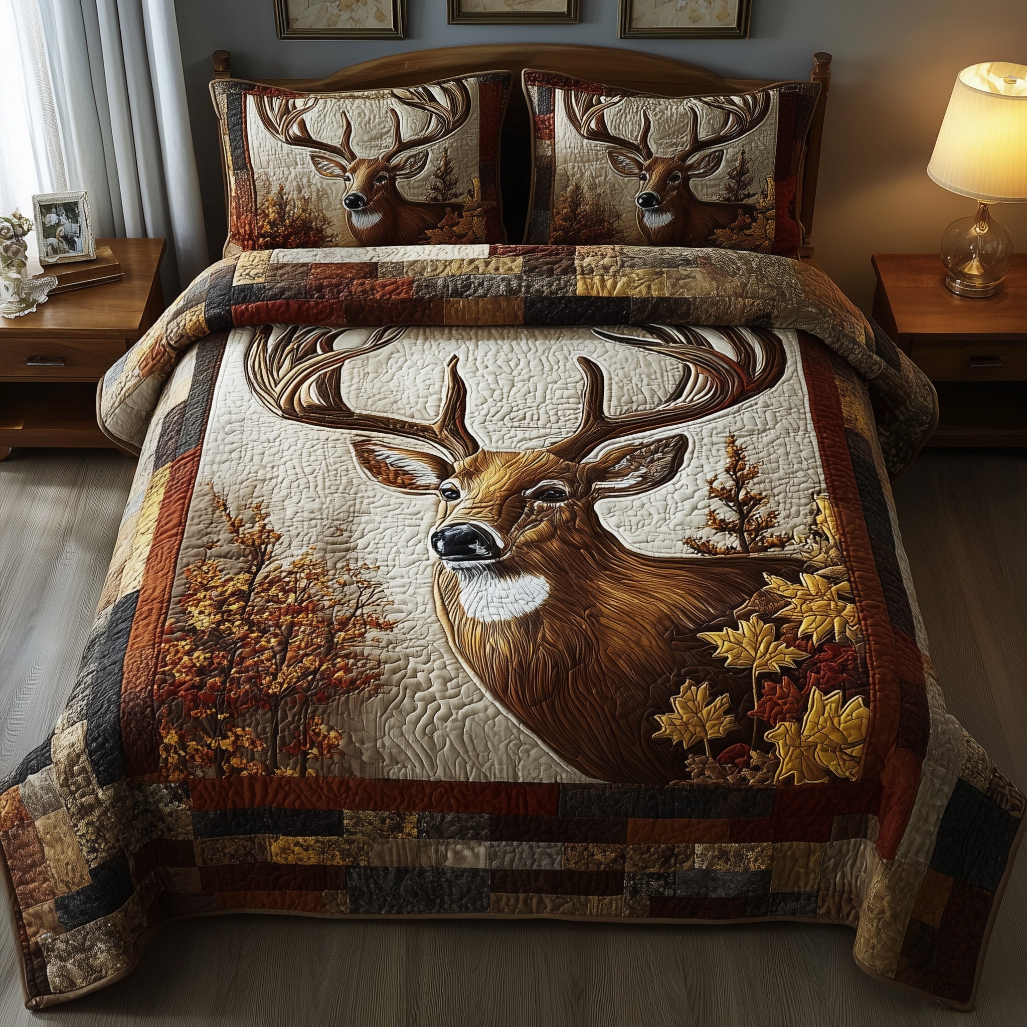 Autumn Antlers Quilted Bedding Set Cozy Bedroom