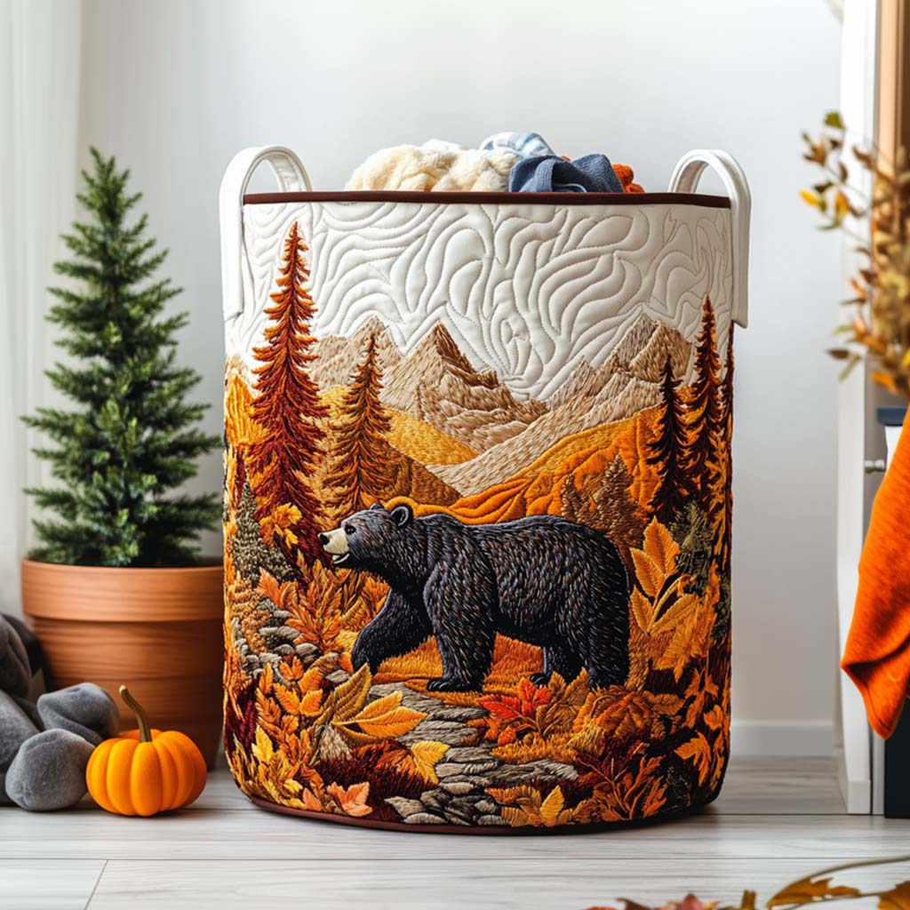Autumn Bear Charm Quilted Laundry Basket Merch For Home And Bedroom