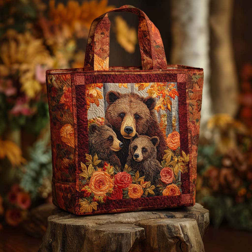 Autumn Bloom Bear Quilted Tote Bag Bear Theme Gifts