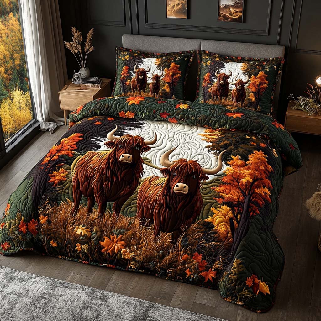 Autumn Breeze Quilted Bedding Set Fall Bedding Sets Highland Cow Gifts For Her