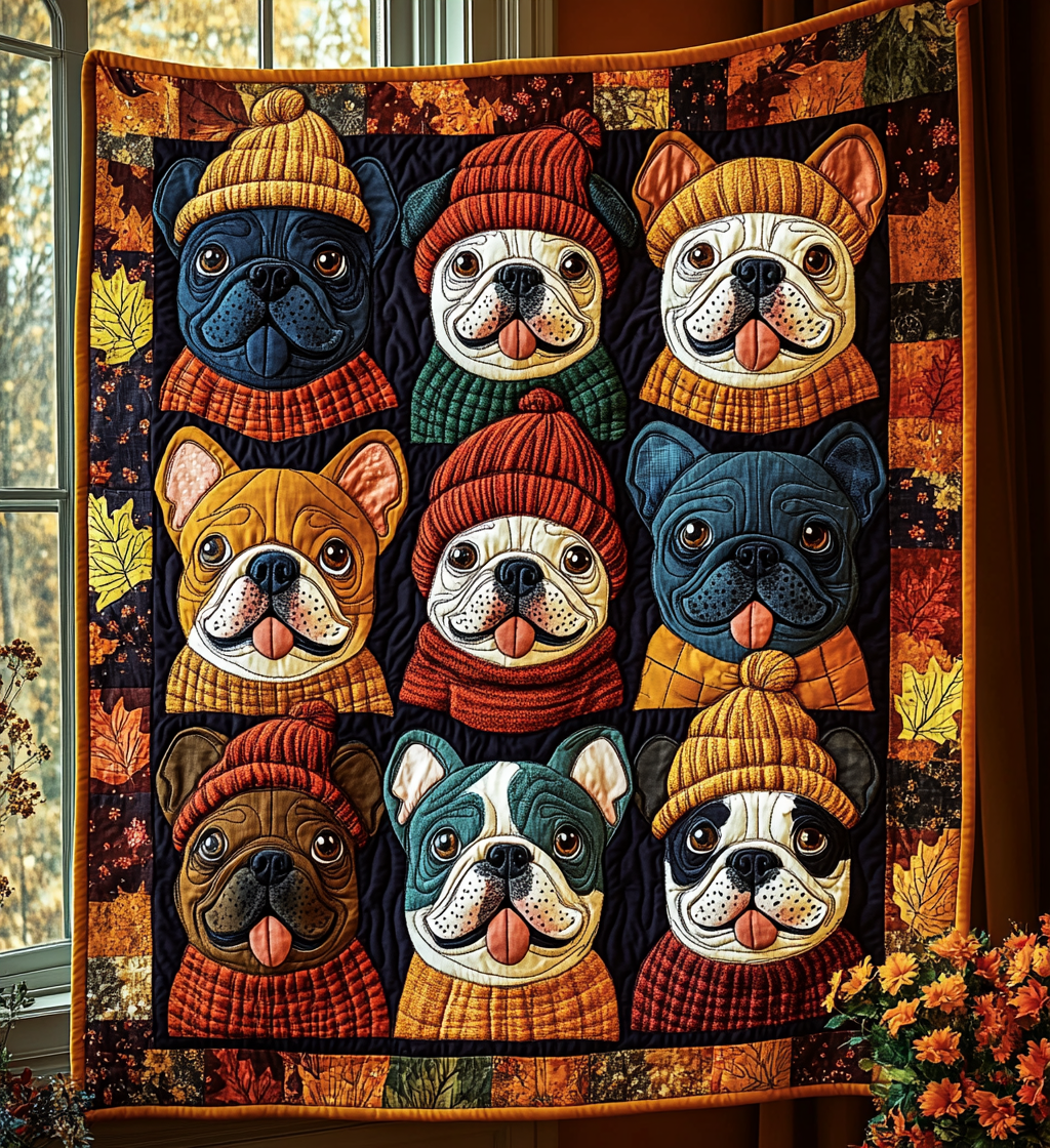 Autumn Bulldog Cute Dog Blue Quilted Blanket Blue Dog Best Gifts For French Bulldog Owners