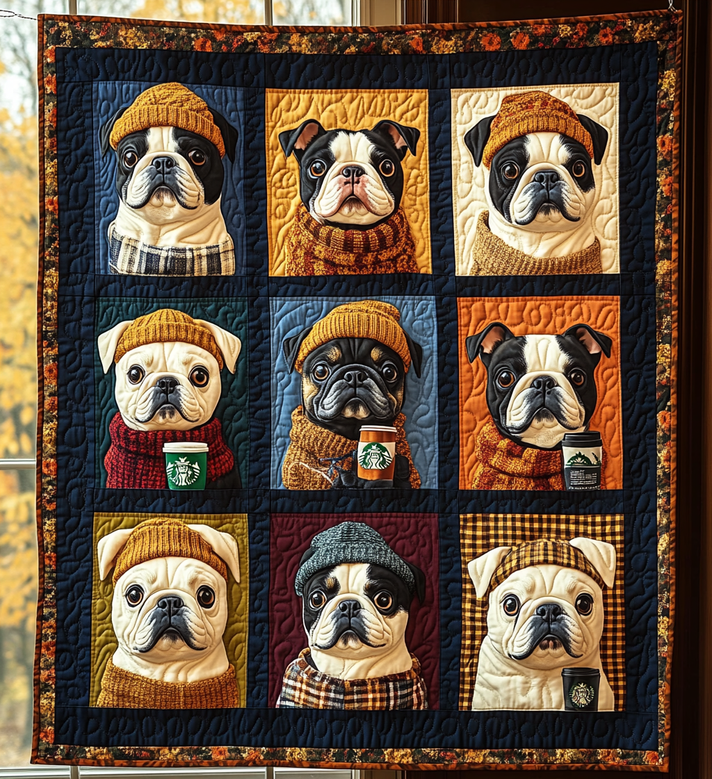 Autumn Bulldog Cute Dog Fall Theme Quilted Blanket Fall Season Best Gifts For French Bulldog Owners