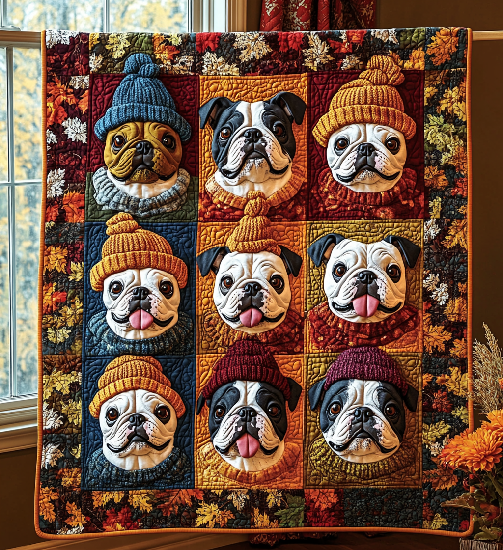 Autumn Bulldog Cute Dog Harvest Quilted Blanket Puppy Thanksgiving Gifts For French Bulldog Owners
