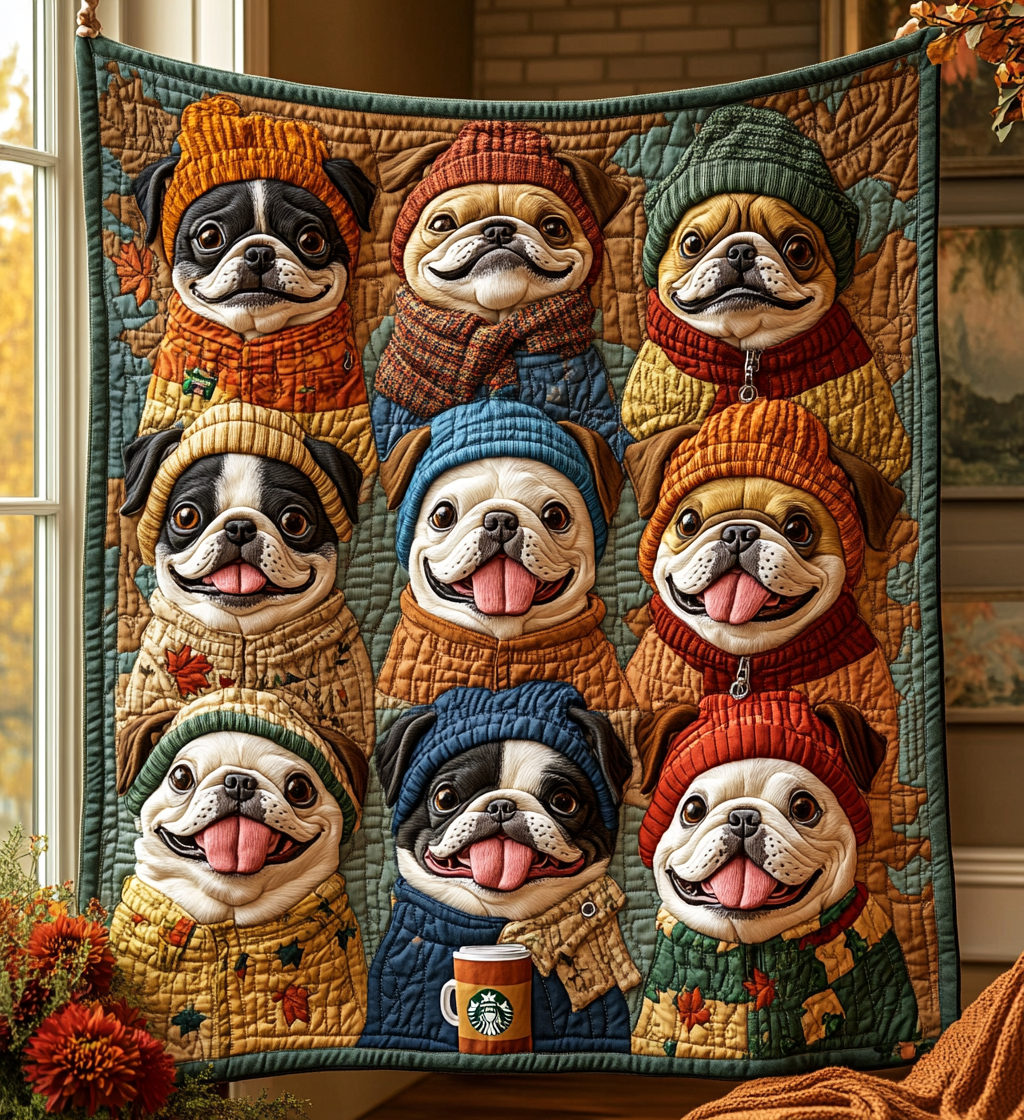 Autumn Bulldog Cute Dog Holiday Quilted Blanket Thanksgiving Dog Mom Gifts For French Bulldog Owners