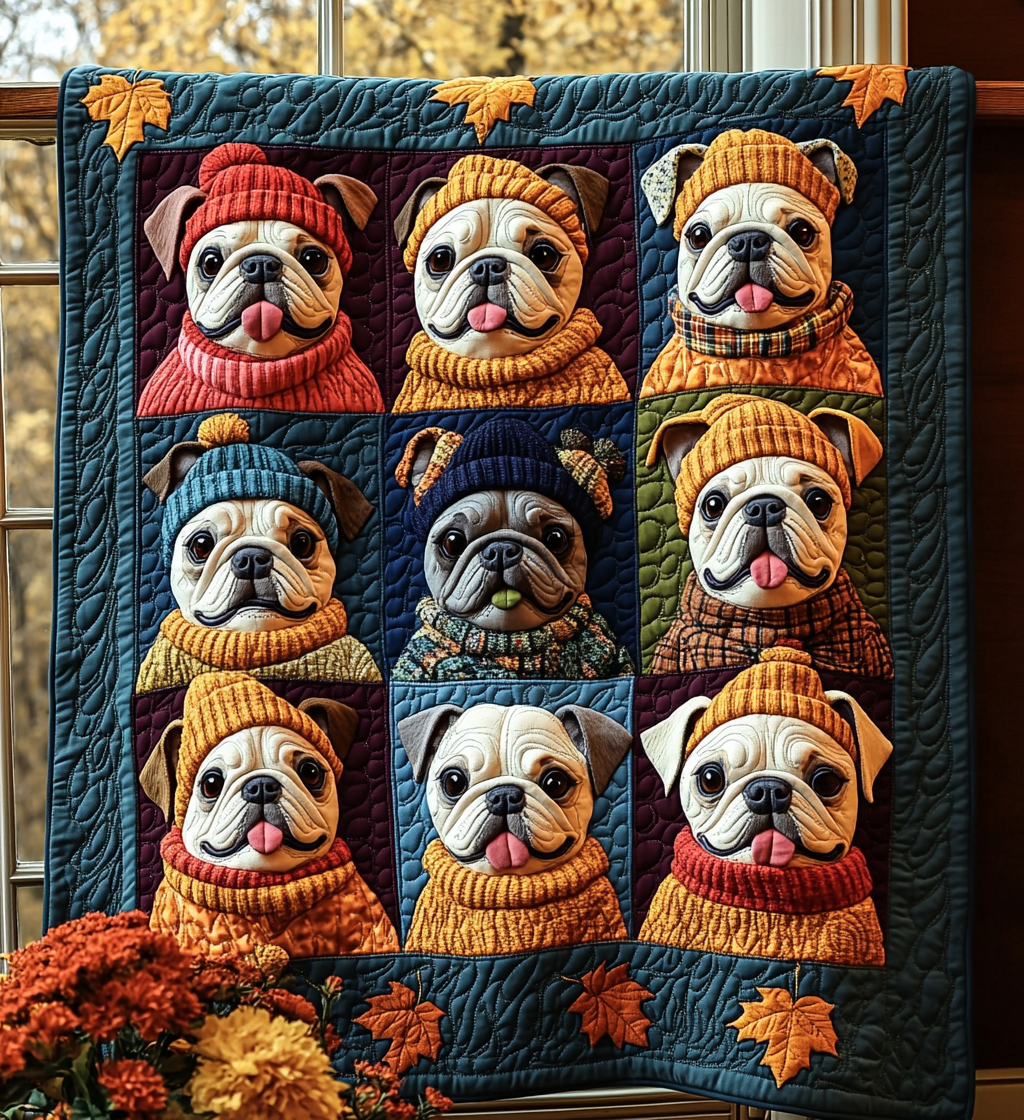 Autumn Bulldog Cute Dog Leaves Quilted Blanket Pet Autumn Best Gifts For French Bulldog Owners