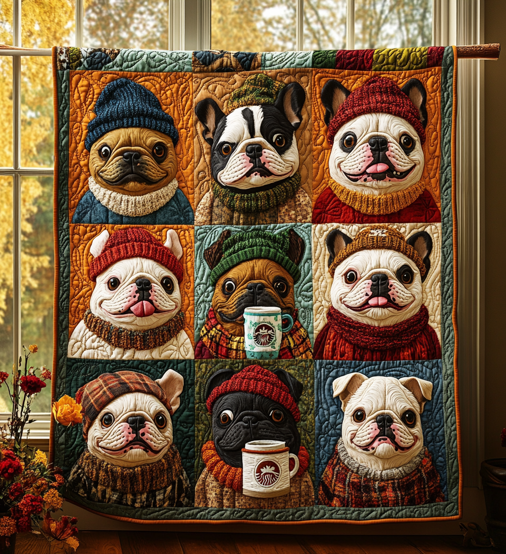 Autumn Bulldog Cute Dog Orange Quilted Blanket Orange Puppy Best Gifts For French Bulldog Owners