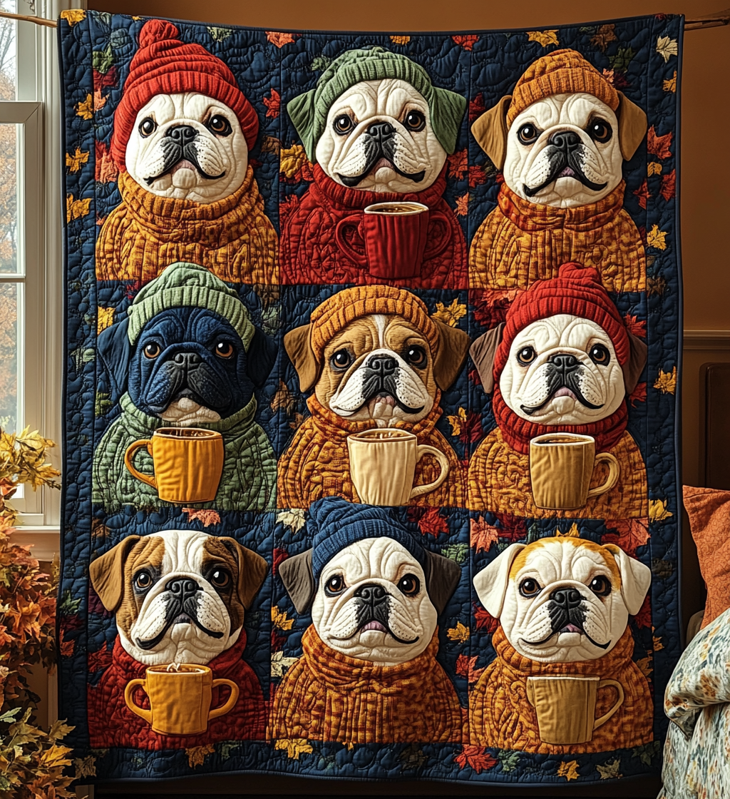 Autumn Bulldog Cute Dog Pumpkin Quilted Blanket Dog Harvest Best Gifts For French Bulldog Owners