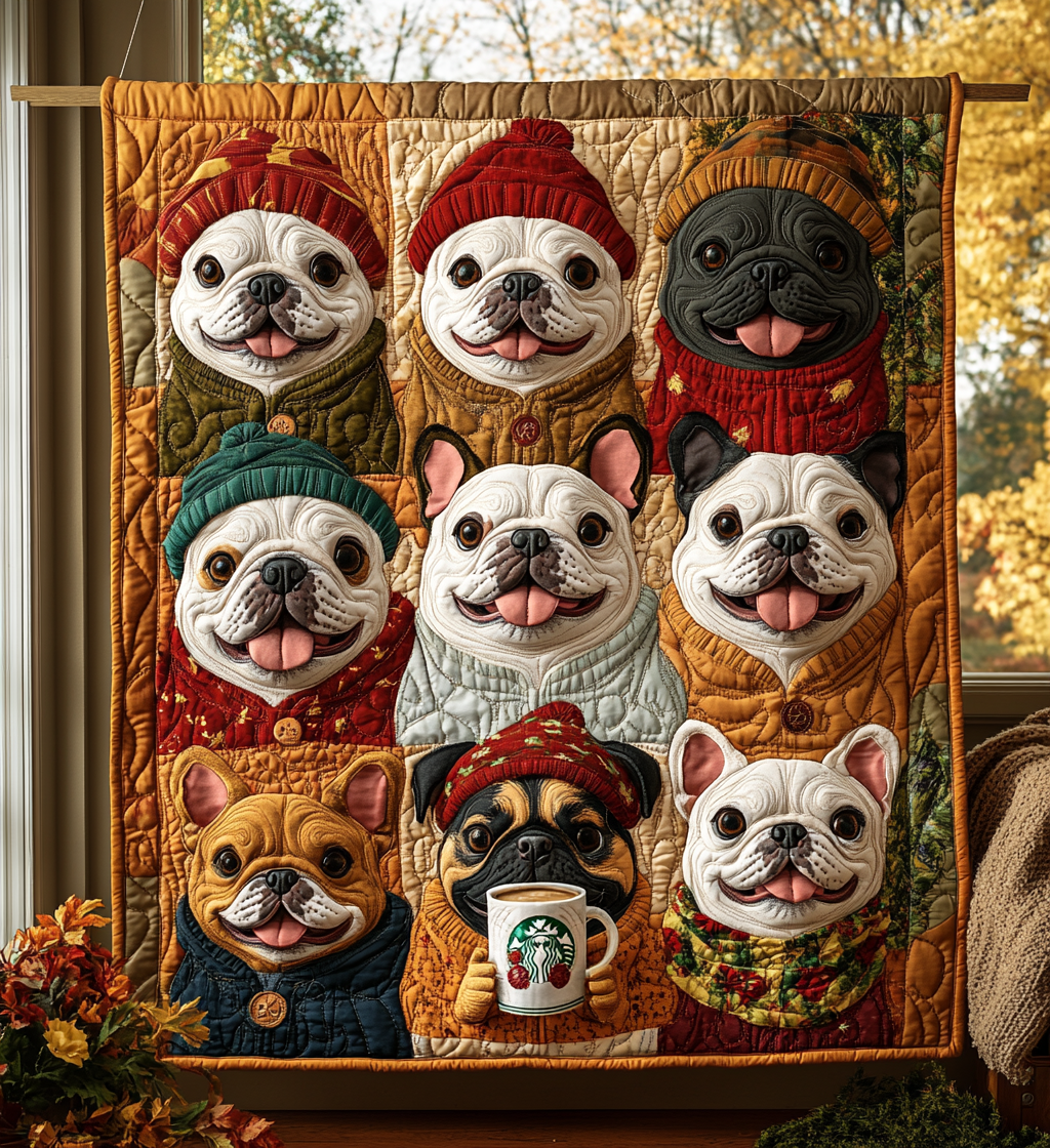 Autumn Bulldog Cute Dog Red Quilted Blanket Red Dog Mom Best Gifts For French Bulldog Owners