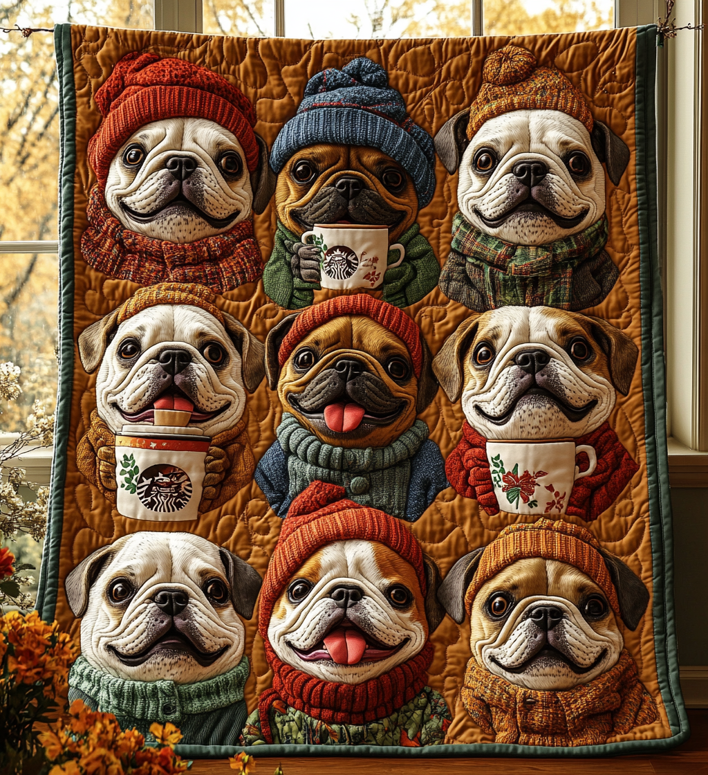 Autumn Bulldog Cute Dog Seasonal Quilted Blanket Fall Dog Gifts For French Bulldog Owners