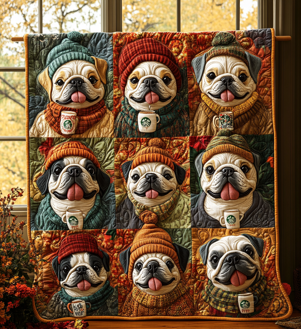 Autumn Bulldog Cute Dog Thanksgiving Quilted Blanket Funny Dog Best Gifts For French Bulldog Owners
