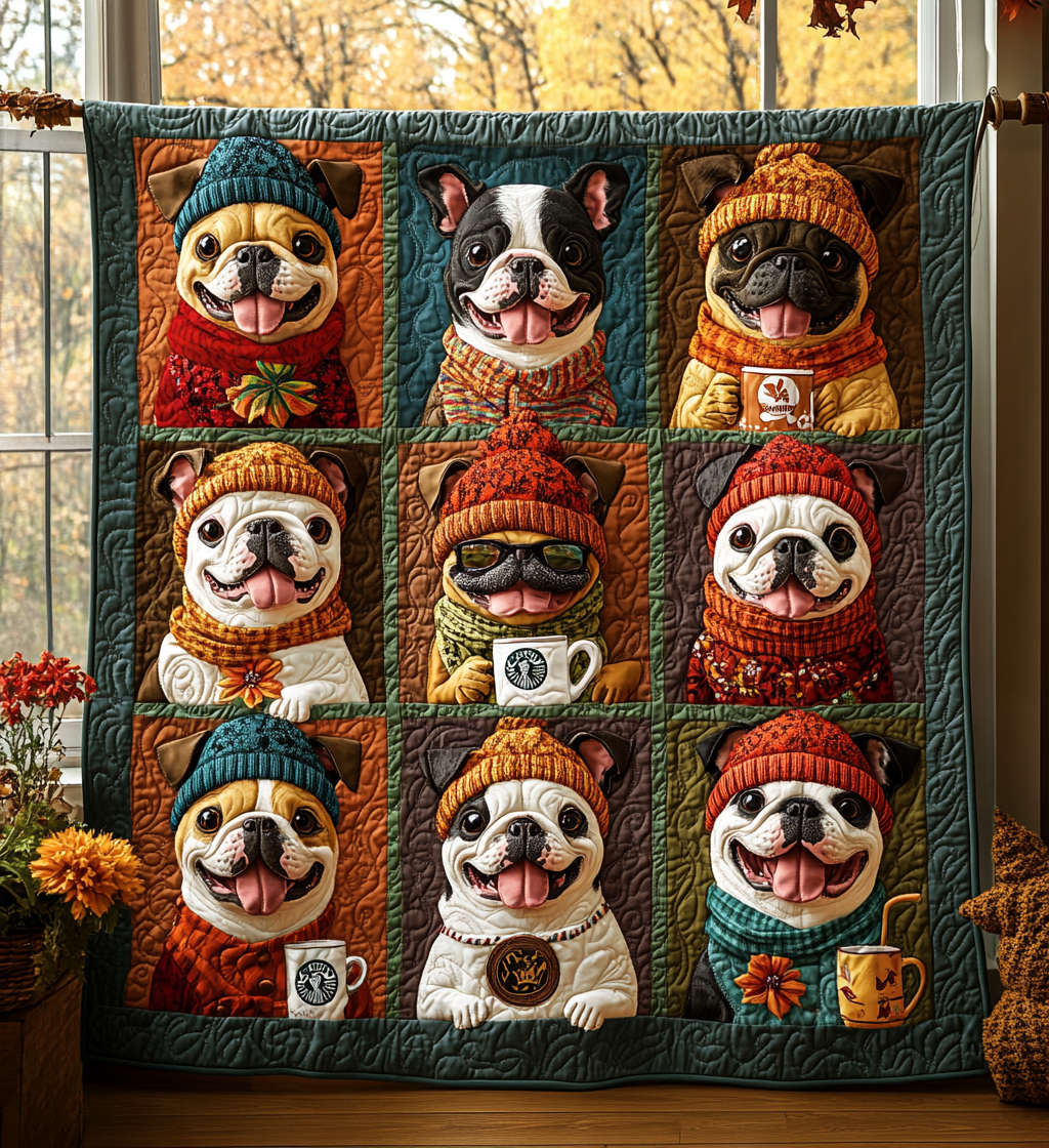 Autumn Bulldog Cute Dog Yellow Quilted Blanket Yellow Dog Best Gifts For French Bulldog Owners