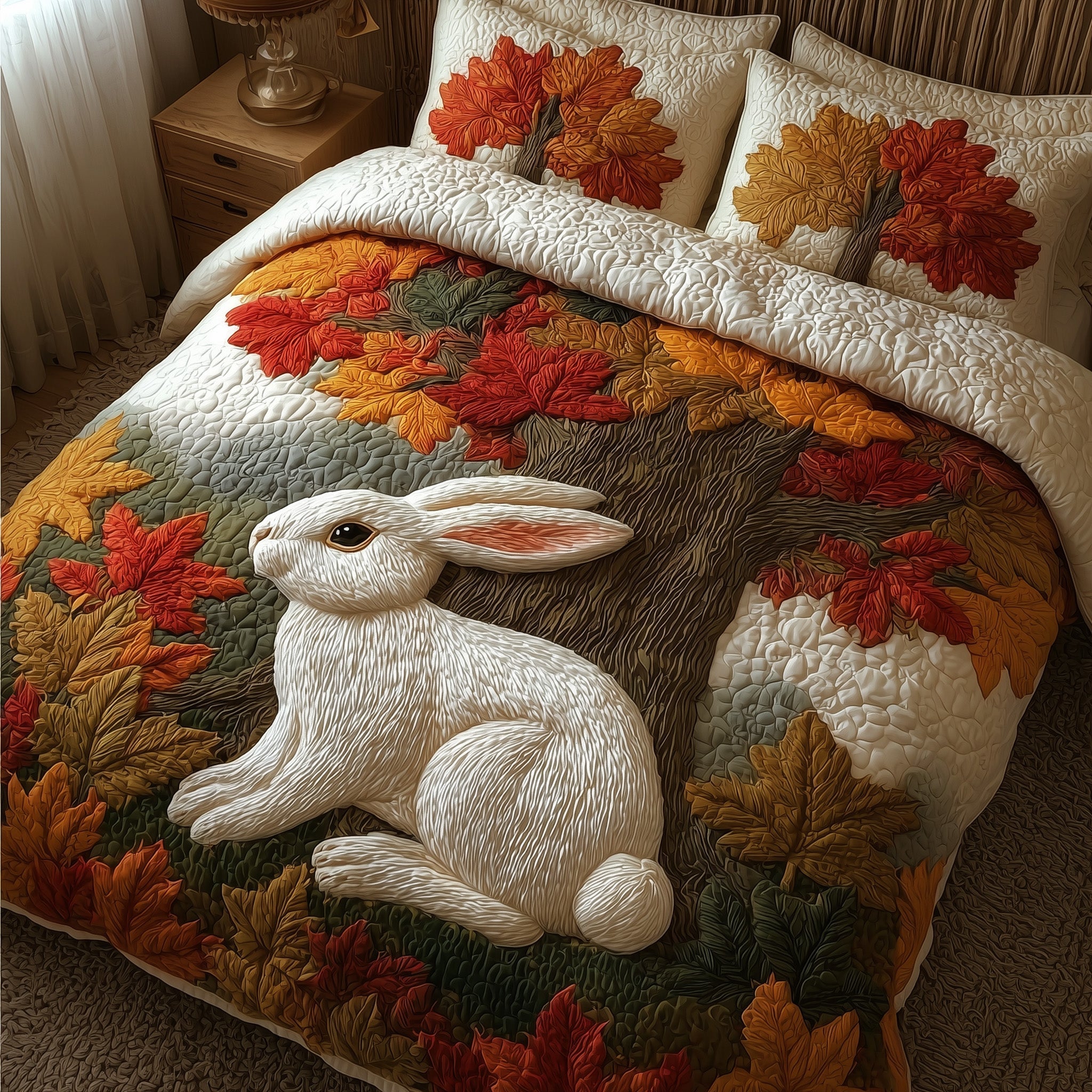 Autumn Bunny Quilted Bedding Set Solid Color