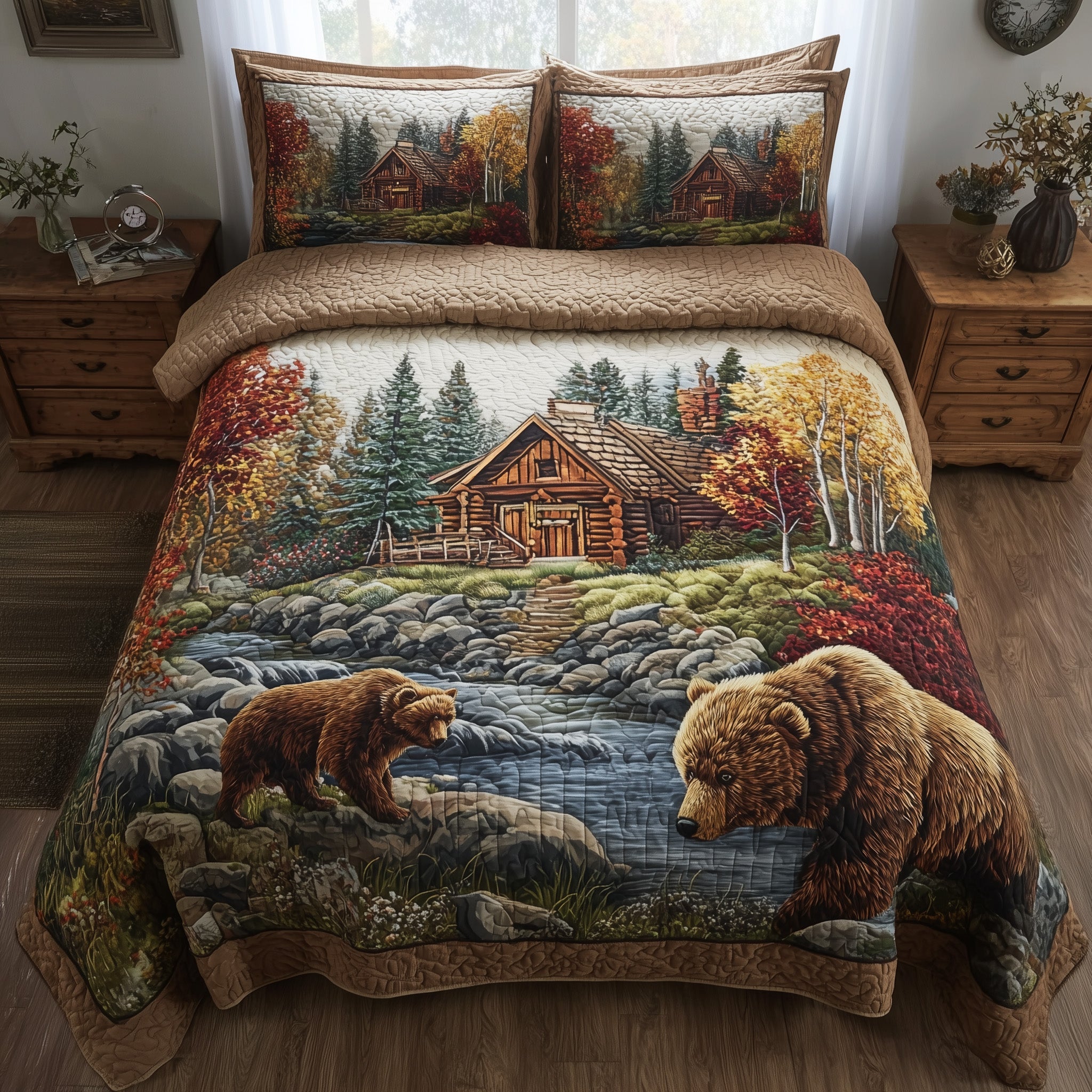 Autumn Cabin Glow Quilted Bedding Set Cozy Bedroom