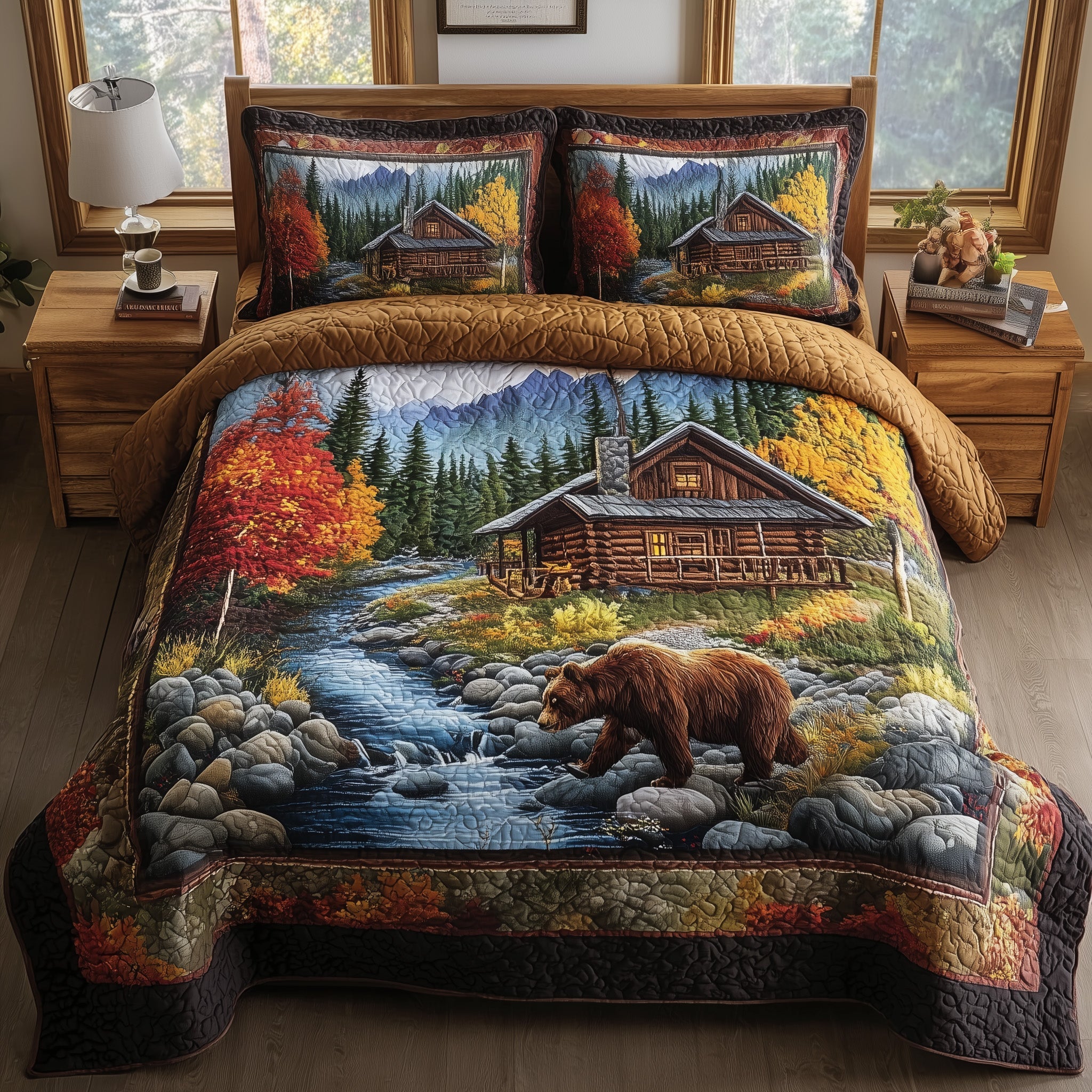 Autumn Cabin Glow Quilted Bedding Set Floral Print
