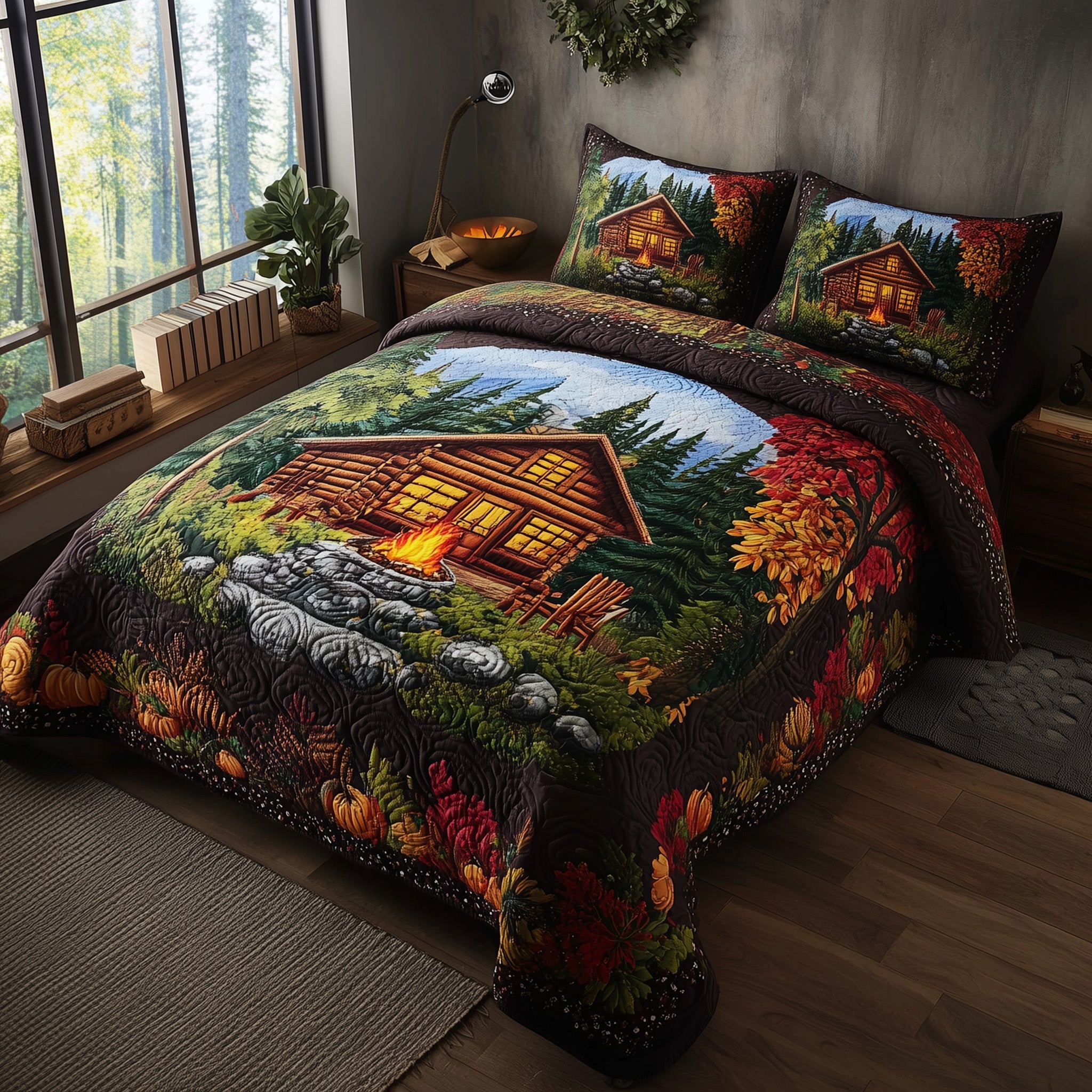 Autumn Cabin Glow Quilted Bedding Set For Couples