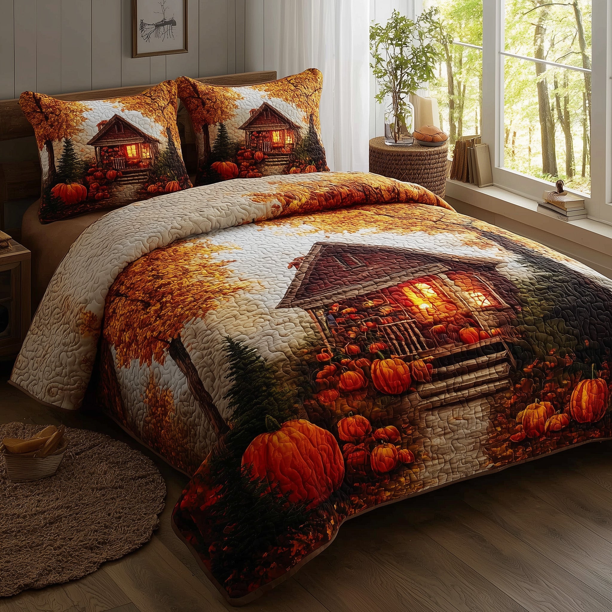 Autumn Cabin Quilted Bedding Set Bedspread Countryside Fall Autumn Season Gifts