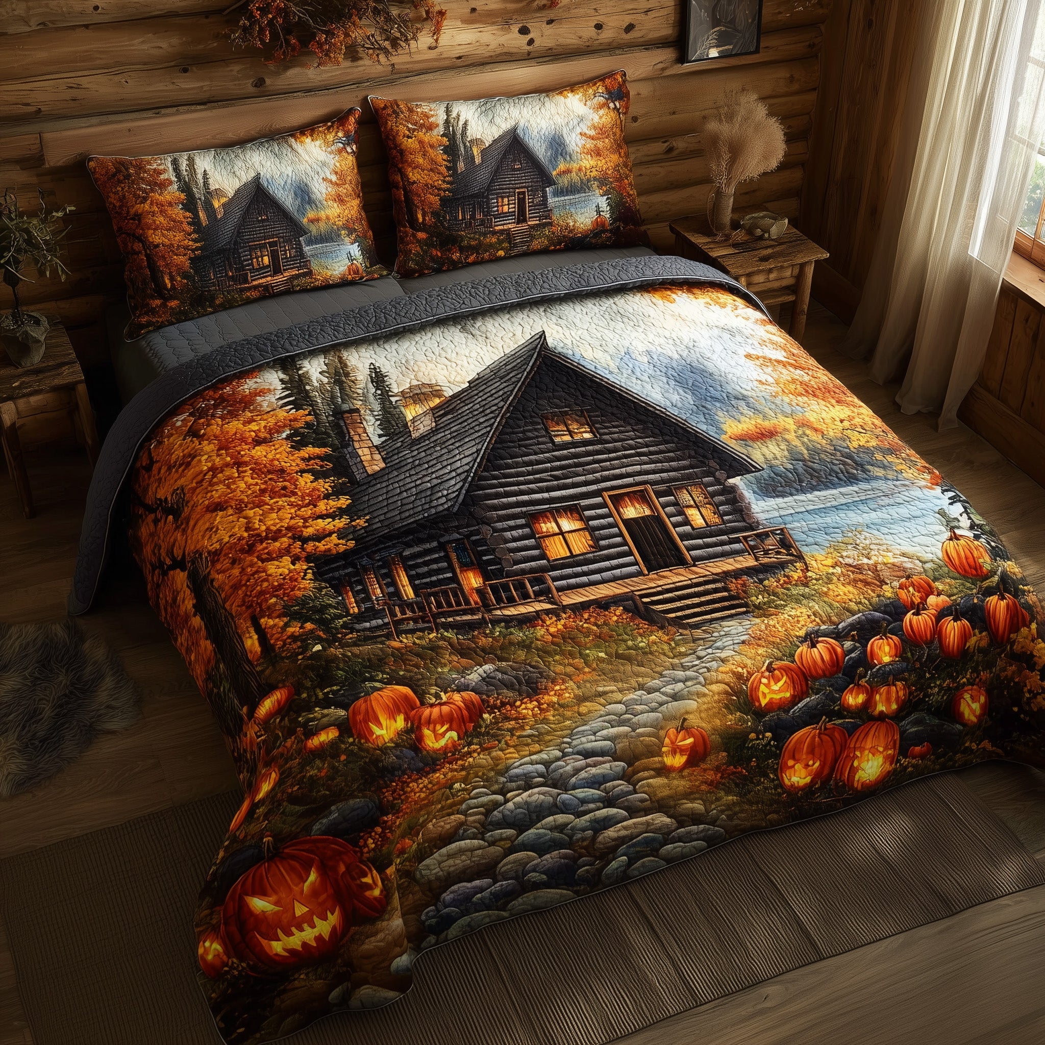 Autumn Cabin Quilted Bedding Set Room Decor Farmhouse Fall Autumn Season Gifts