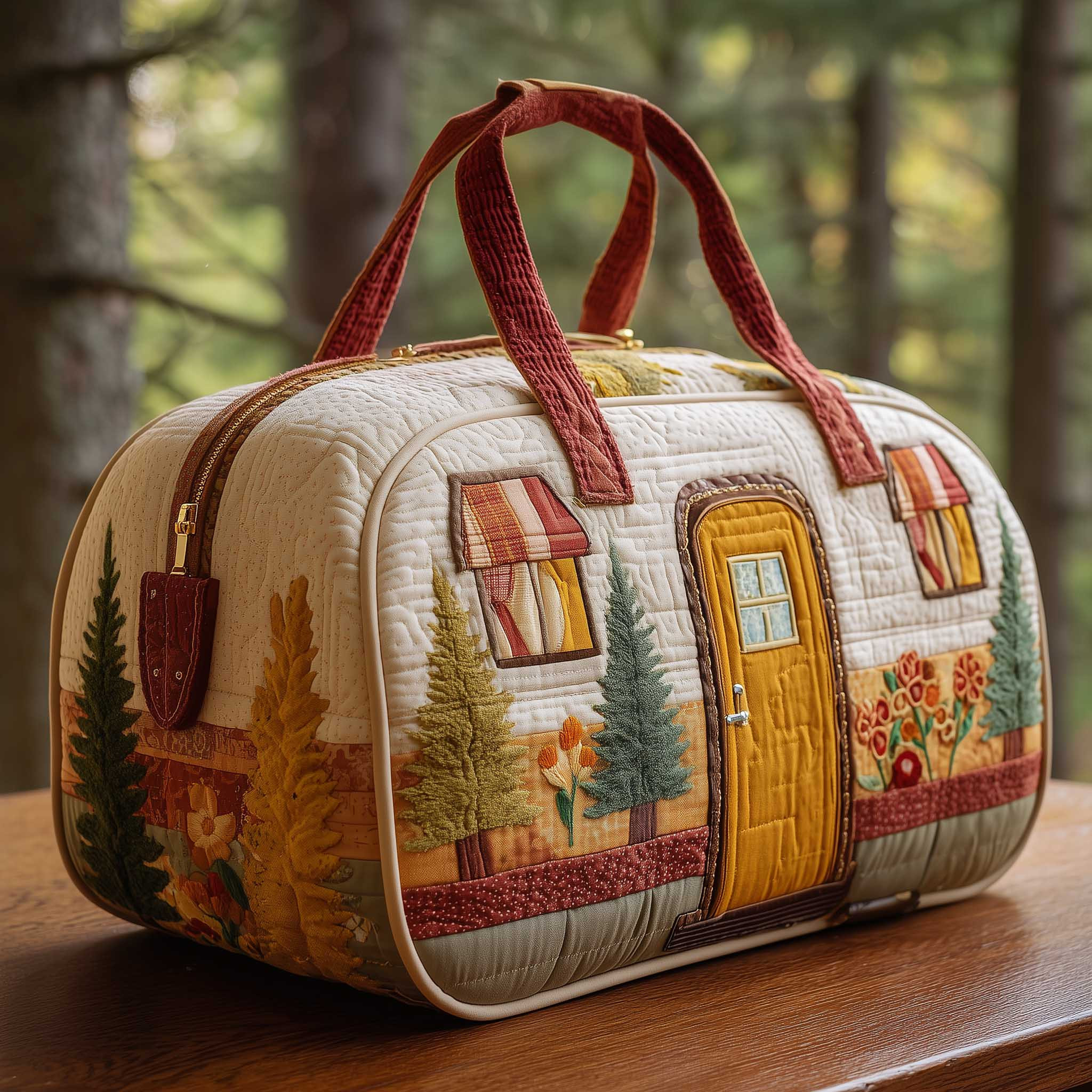 Autumn Camper Quilted Duffle Bag Fall Colors Pine Trees Cozy Camping Best Gift Ideas