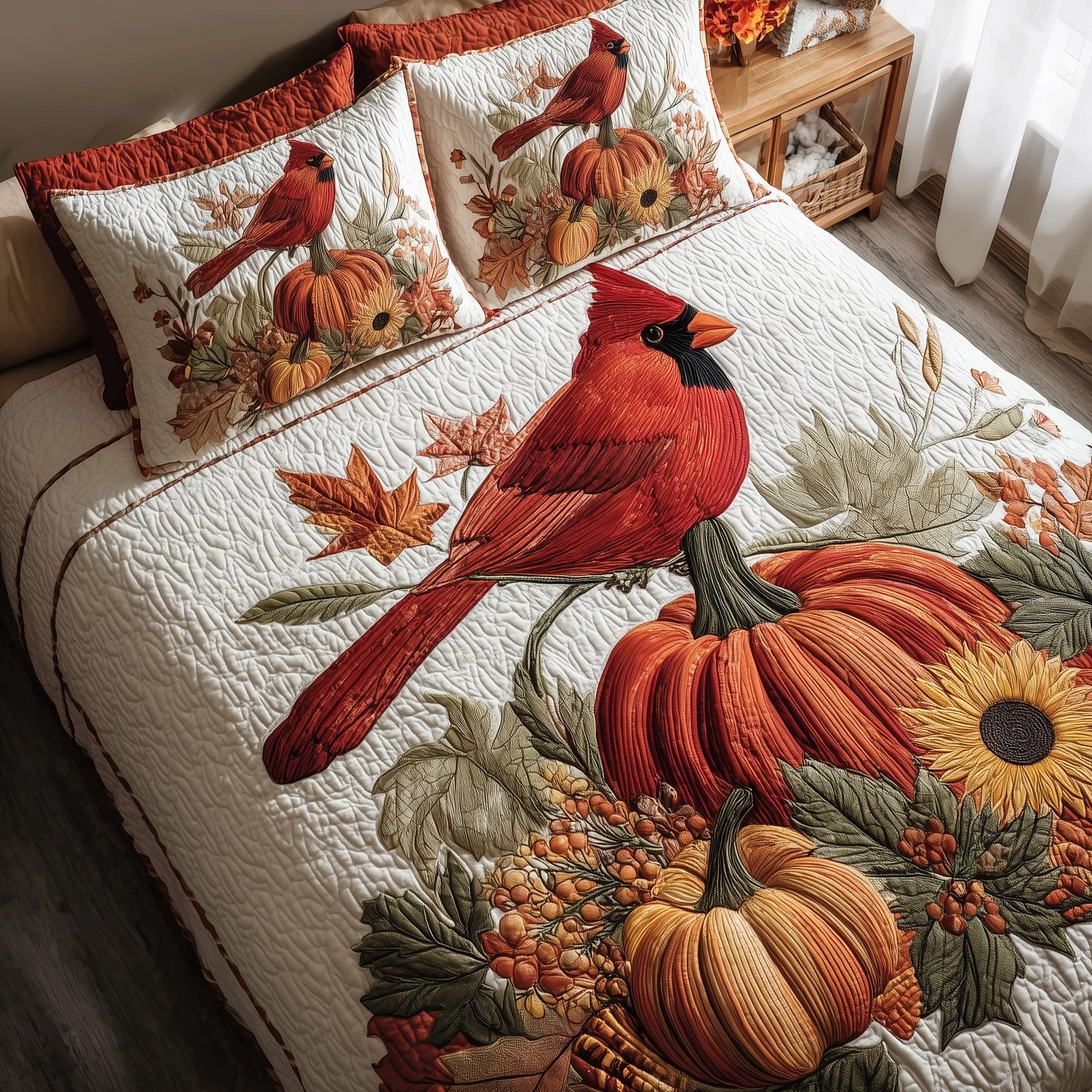 Autumn Cardinal Quilted Bedding Set Duvet Cover Bedspread Cardinal Gifts For Dad