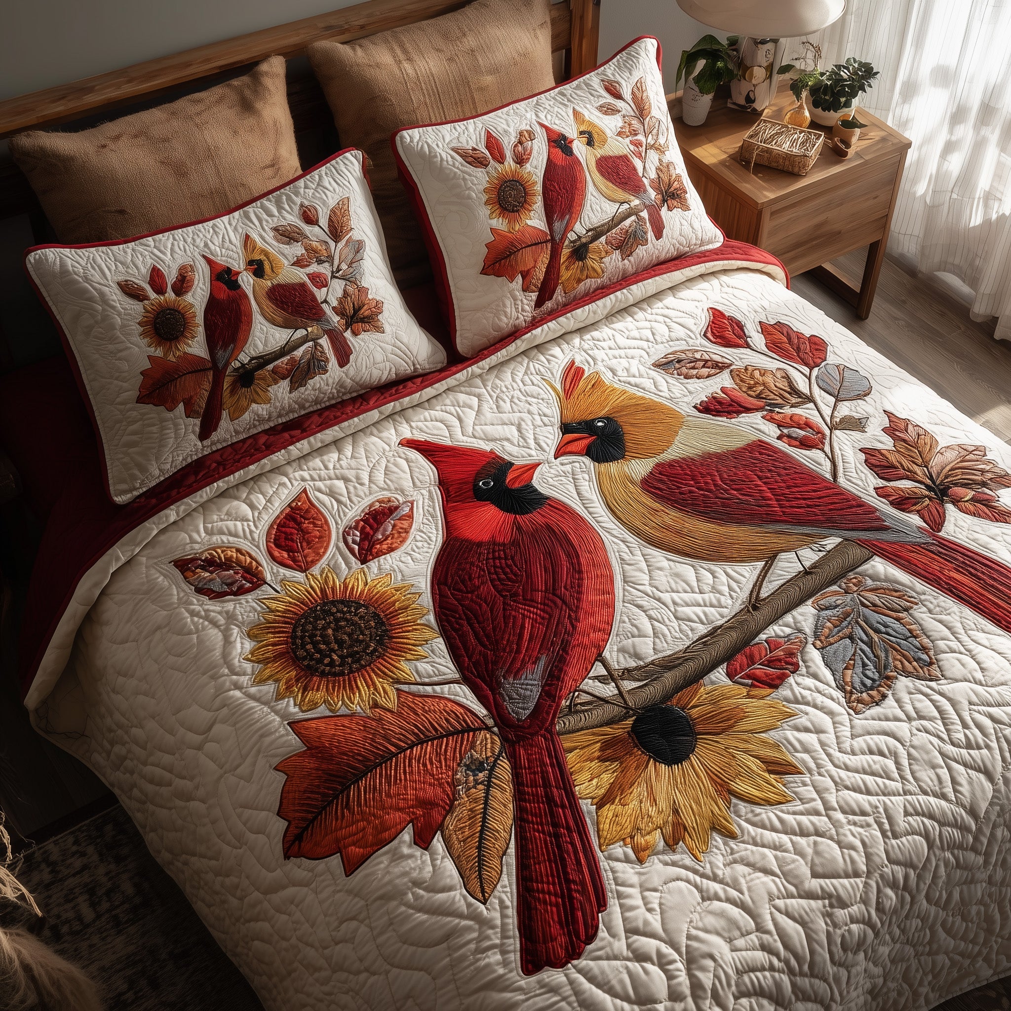 Autumn Cardinal Quilted Bedding Set Duvet Cover Bedspread Cardinal Gifts For Men