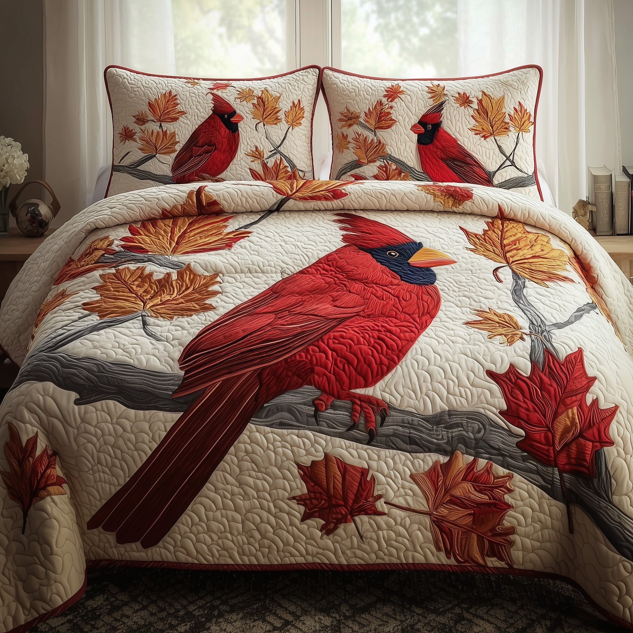 Autumn Cardinal Quilted Bedding Set Duvet Cover Bedspread Cardinal Gifts For Mom