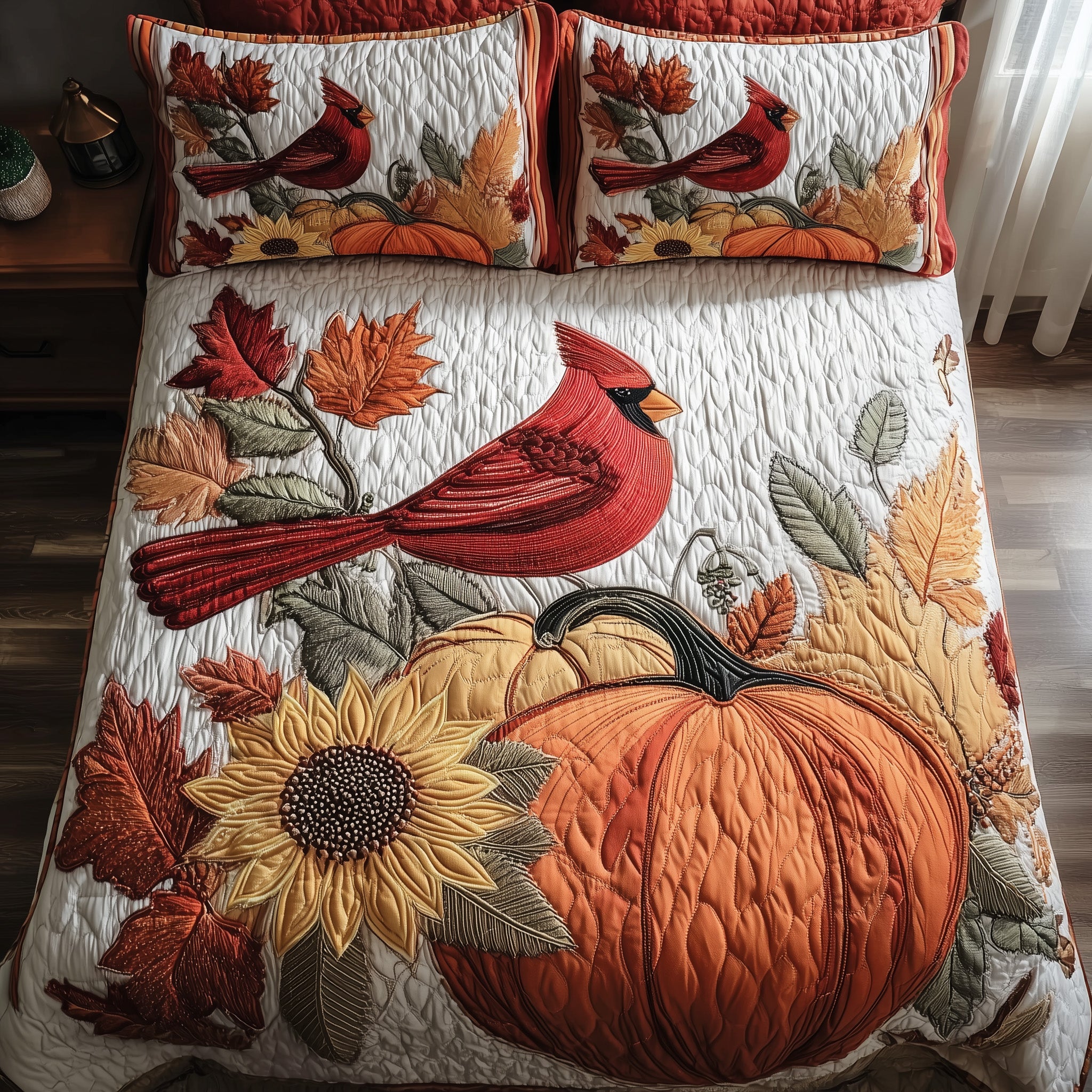 Autumn Cardinal Quilted Bedding Set Duvet Cover Bedspread Unique Cardinal Bird Gifts