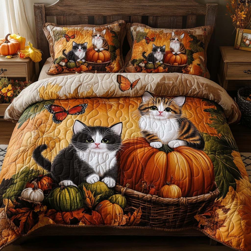 Autumn Cat Charm Quilted Bedding Set Fall Bedding Sets Cat Gifts For Women