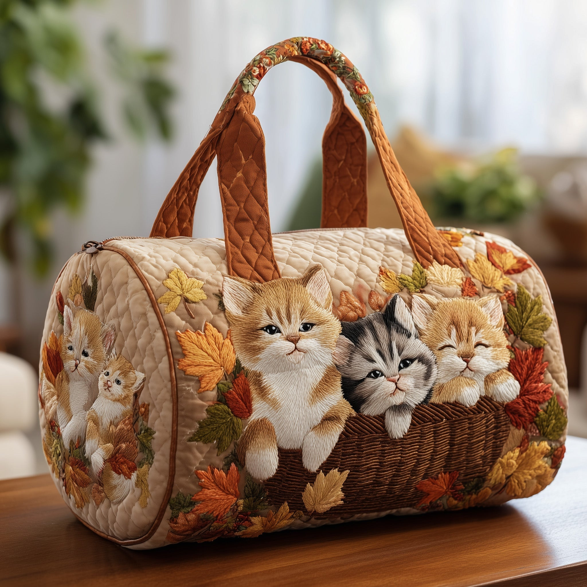 Autumn Cat Quilted Duffle Bag Cute Kitten Fall Leaves Best Gift For Cat Lovers