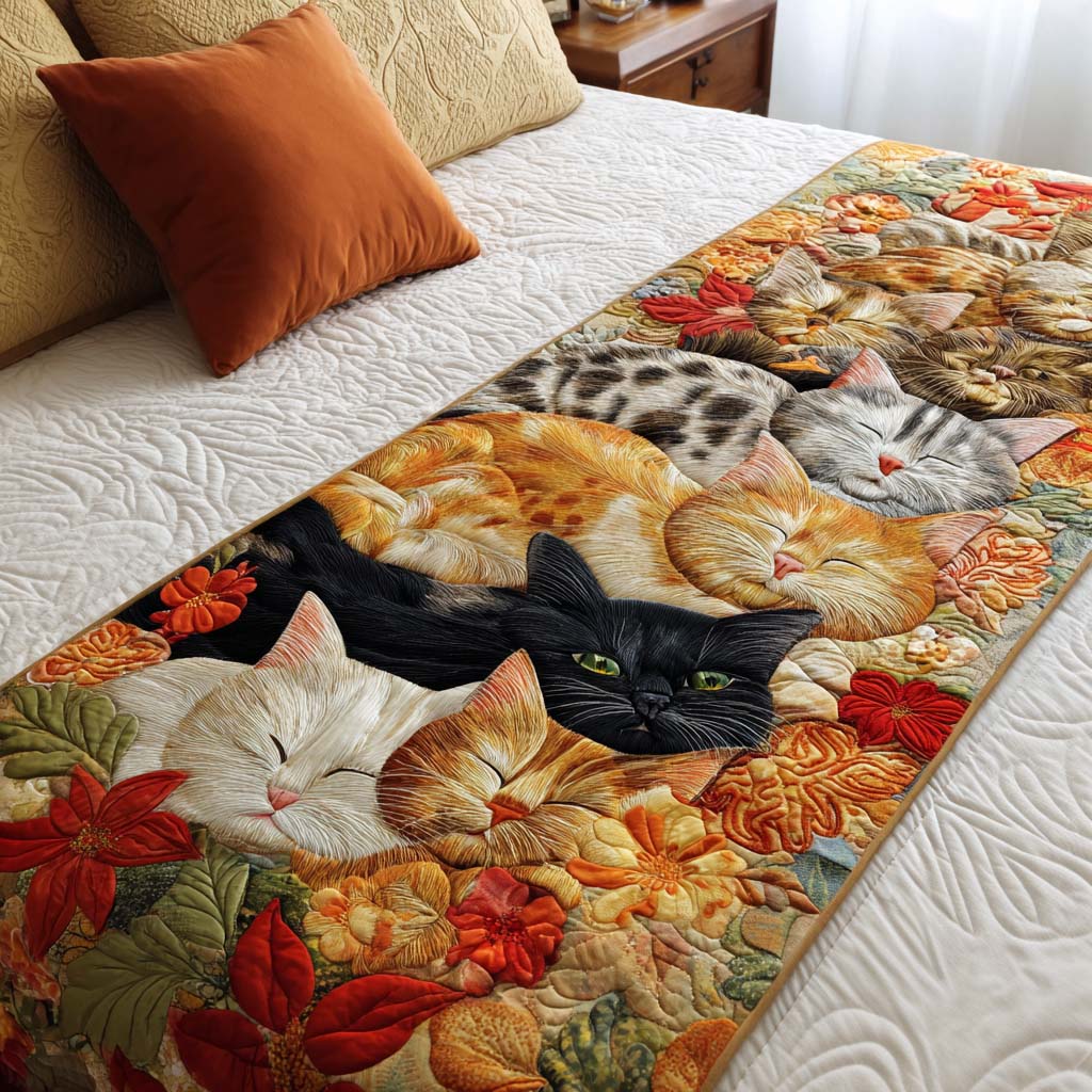 Autumn Cats Quilted Bed Runner Bed Room Decoration Gift Ideas For Cat Lovers