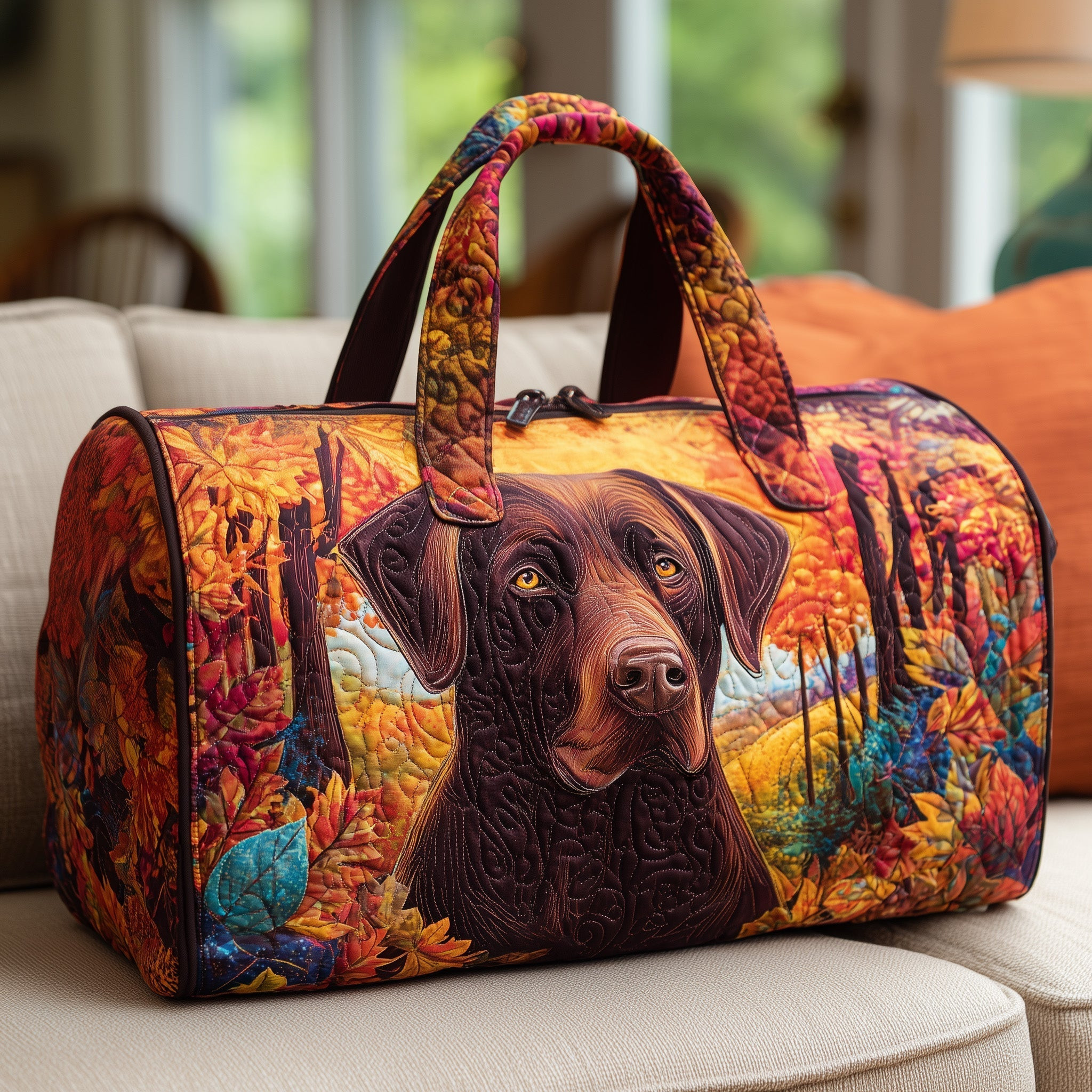 Autumn Chocolate Lab Quilted Duffle Bag Fall Leaves Dog Lover Gift Ideas For Her