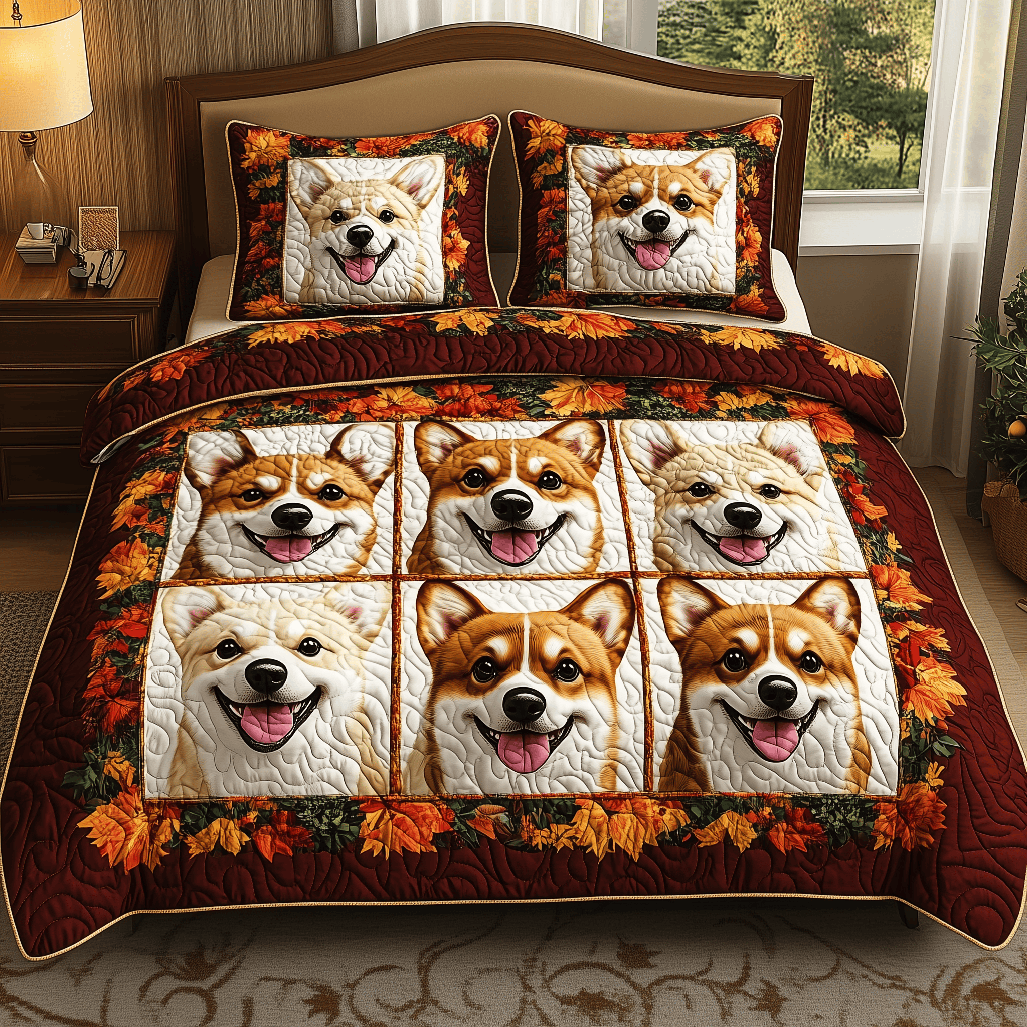 Autumn Corgi Quilted Bedding Set Christmas Bedding Set Top Christmas Gifts 2024