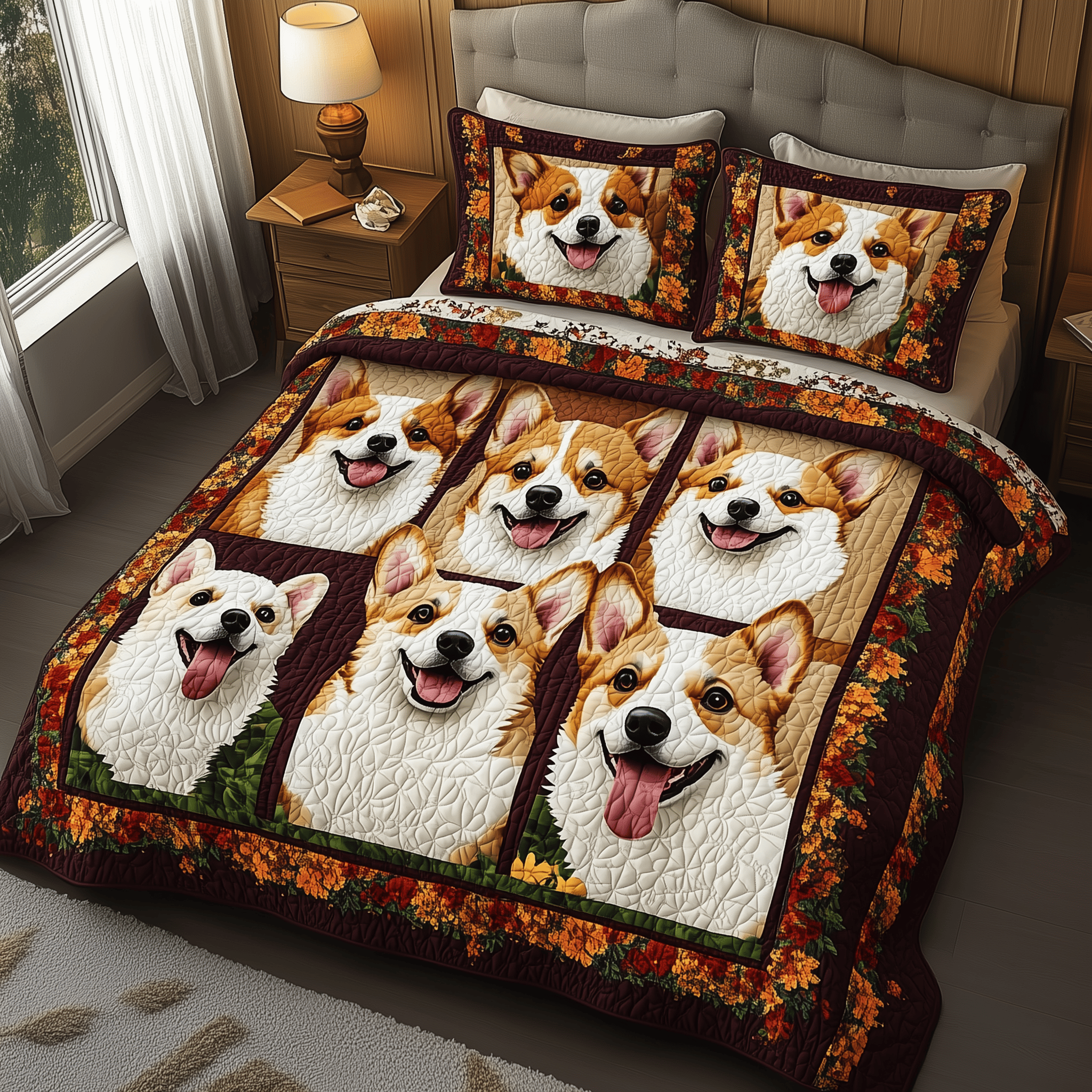 Autumn Corgi Quilted Bedding Set Xmas Bedding Set Unique Christmas Gifts For Parents