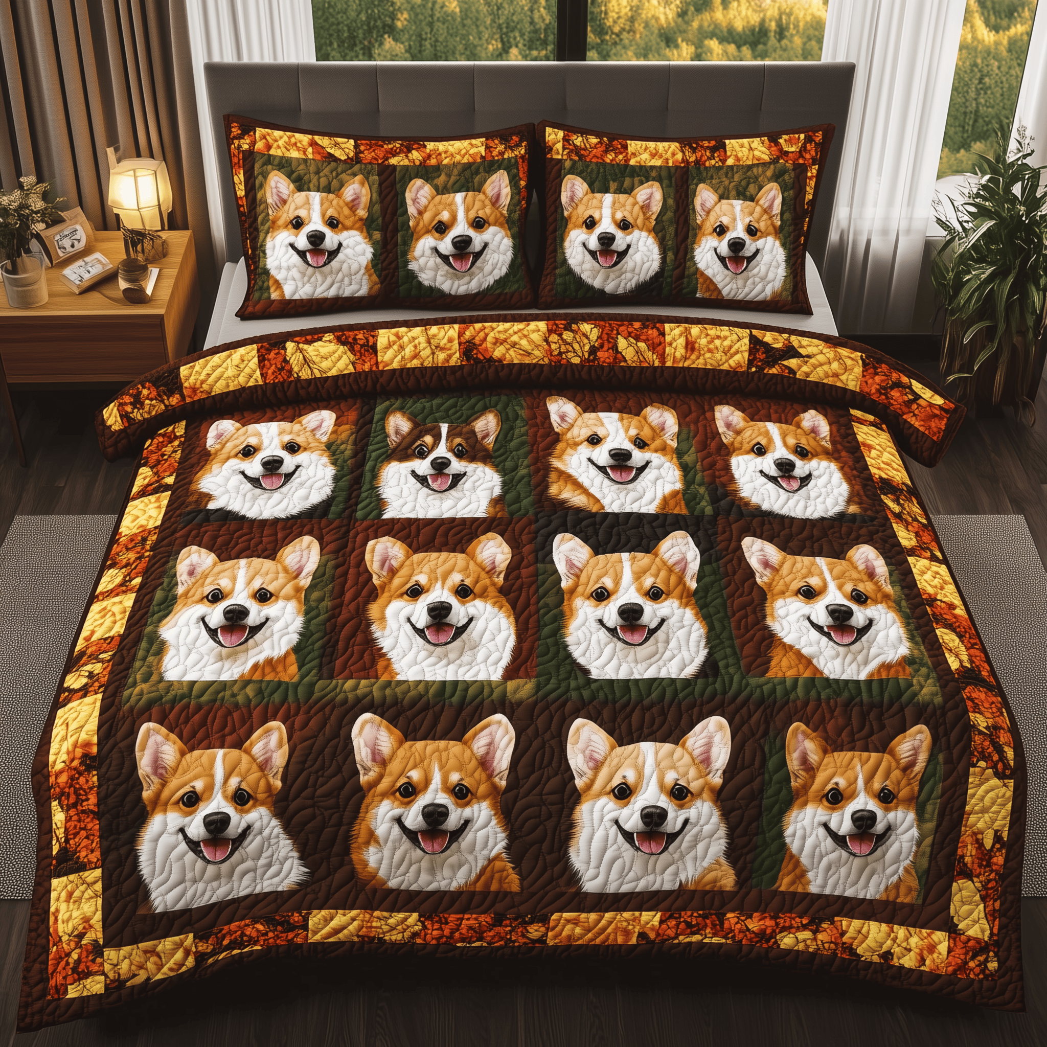 Autumn Corgi Quilted Bedding Set Xmas Bedding Set Unique Christmas Gifts For Parents