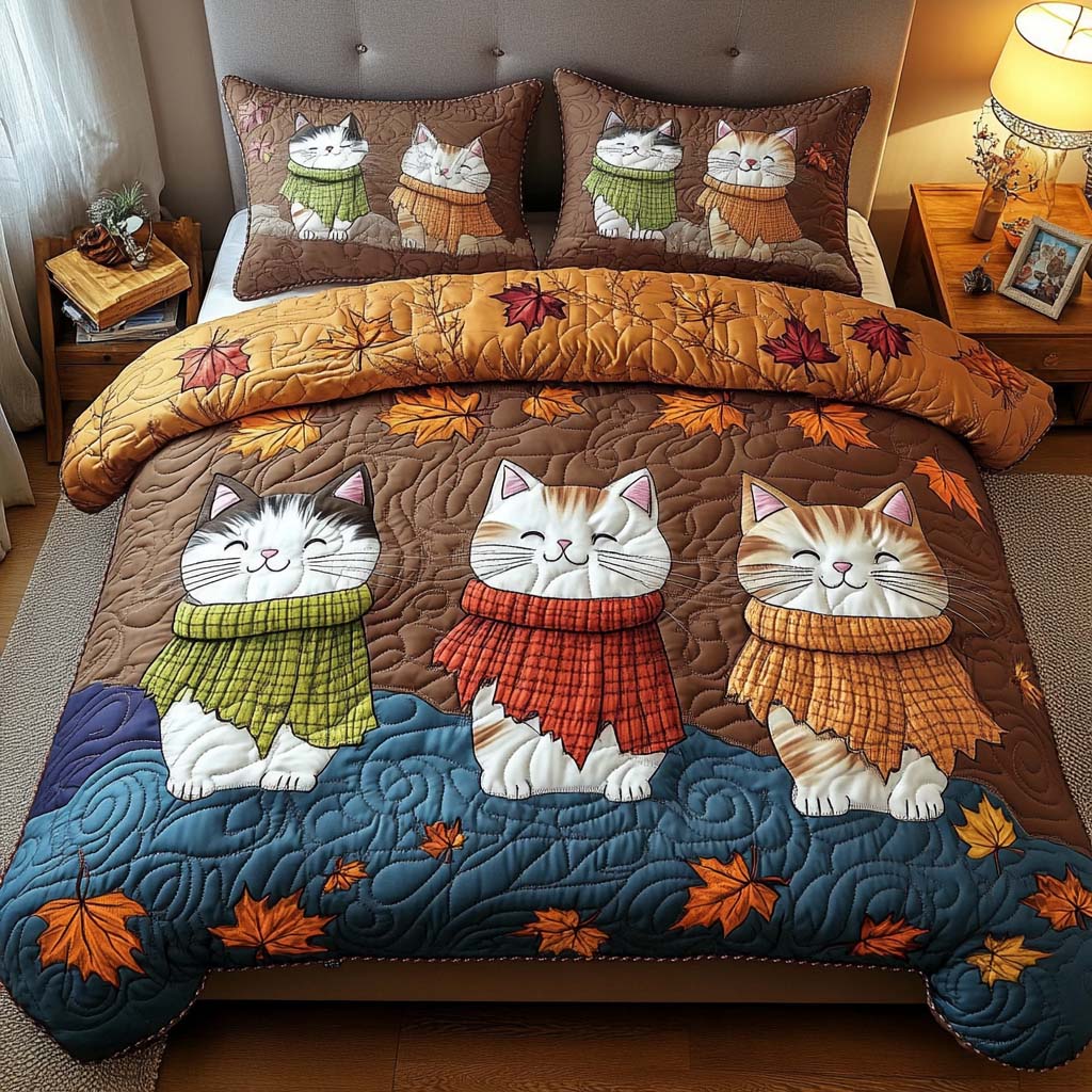 Autumn Cozy Cat Quilted Bedding Set Autumn Bed Sheet Set Cat Gifts Women