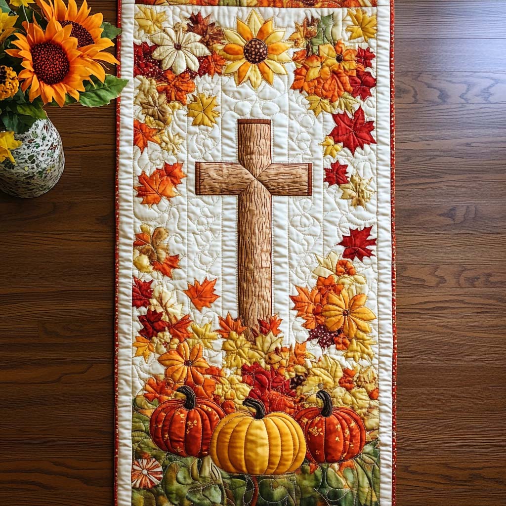 Autumn Cross Blessings Quilted Table Runner Holiday Themed Table Runners Jesus Gifts For Christmas